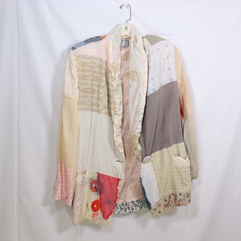 Grau Patchwork Blazer Large Multicolor Womens Cottagecore Boho Jacket DAMAGED